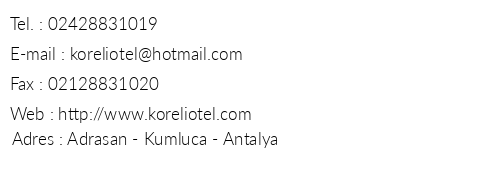Koreli Otel Adrasan telefon numaralar, faks, e-mail, posta adresi ve iletiim bilgileri